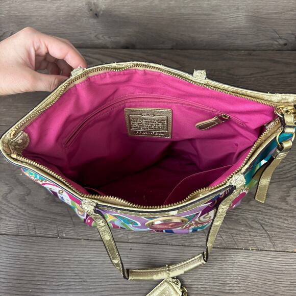 Coach Tote Purse Poppy C Signature Print Gold Trim Rainbow Graffiti F1220-F19434 - Picture 10 of 16